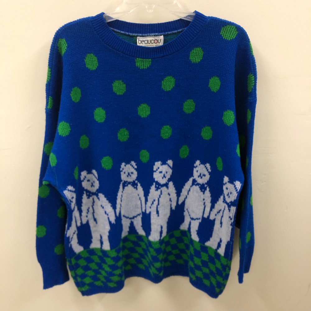 Vintage Bear Sweater Womens 1X Pullover Art Polka Dot Teddy Bears
